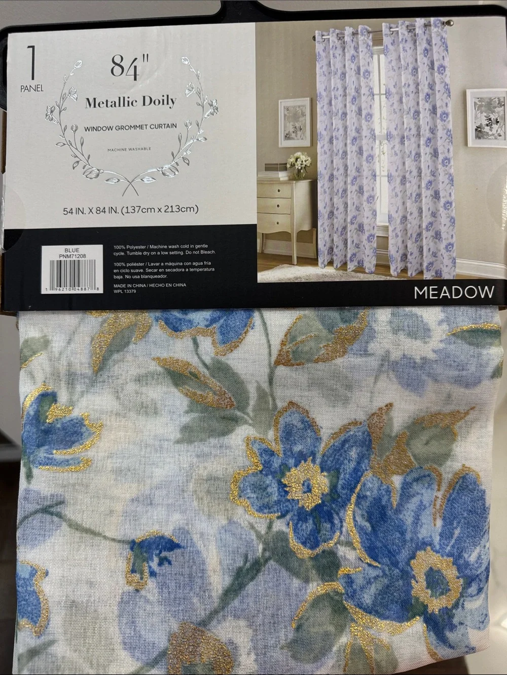 Meadow Metallic Doily Grommet Floral Curtain Panel - Blue/Gold
